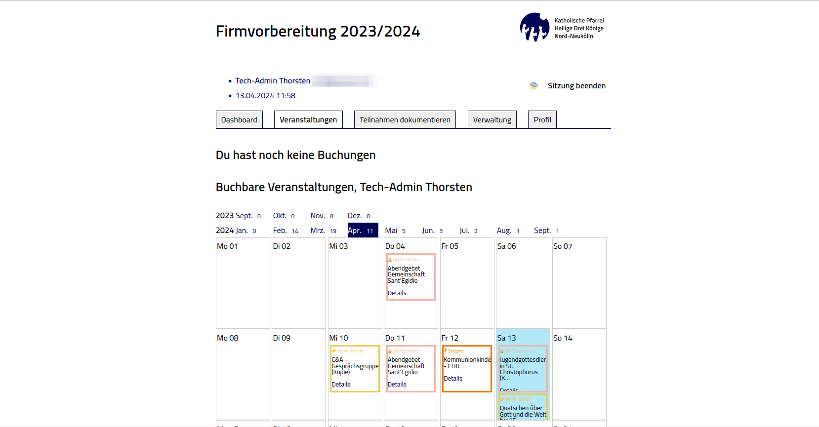 Dafne-Terminkalender mit Daten aus Churchdesk